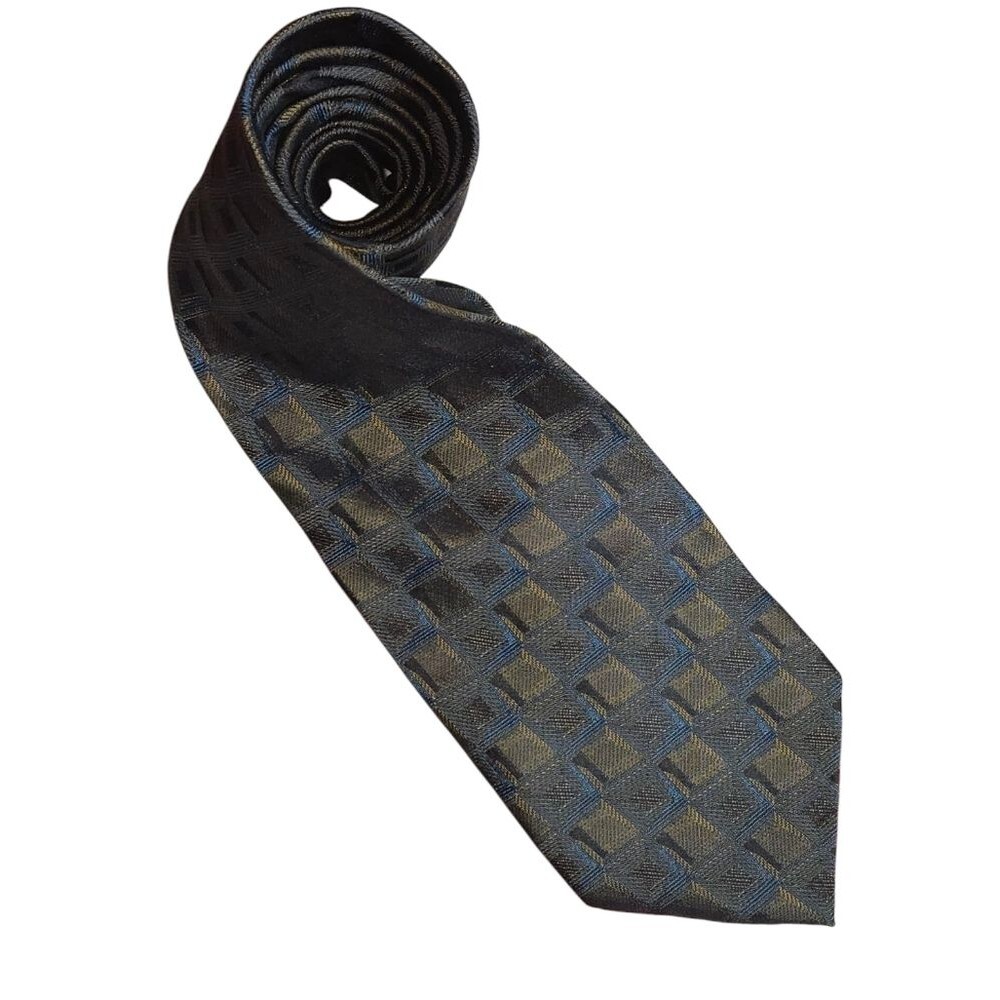 Jhane Barnes Brown & Blue Square Print Original Fabric Necktie‎ 58"LX4"W